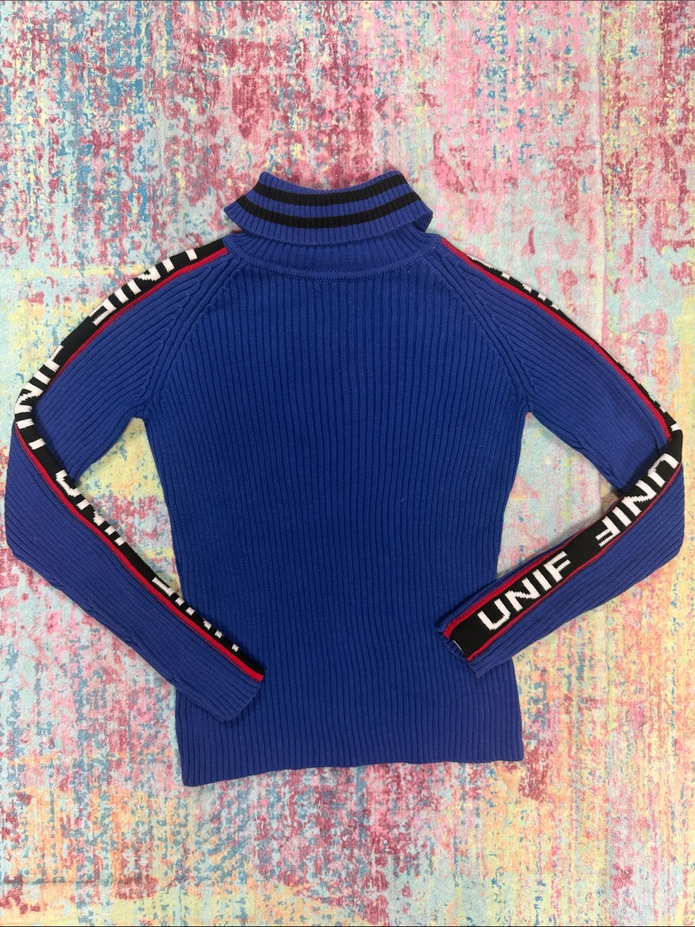 UNIF Cobalt Ribbed Turtleneck Sweater with Branded Sleeve Stripes